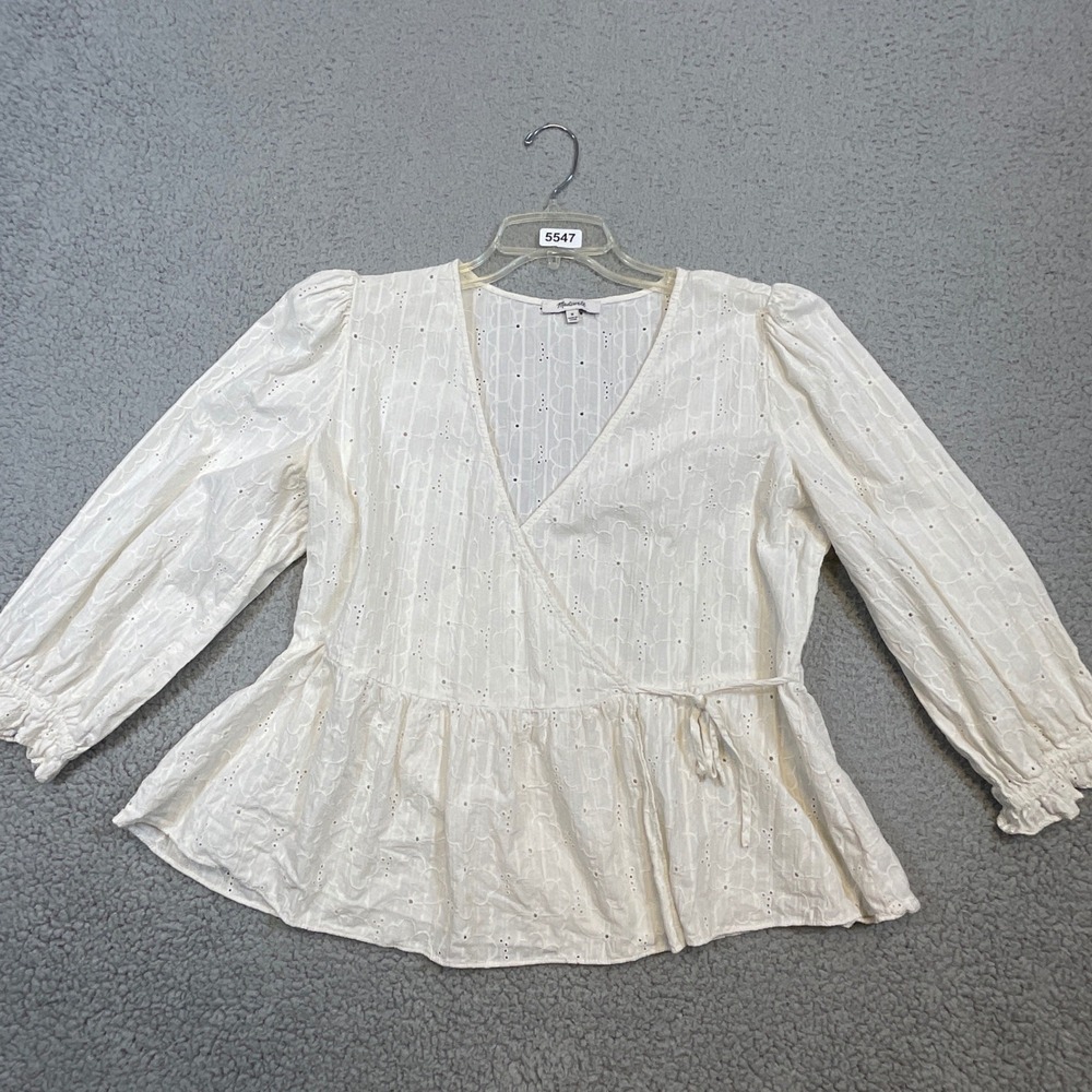 Madewell Wrap Top Women M White Eyelet Cotton Peplum Long Sleeve V-Neck Boho